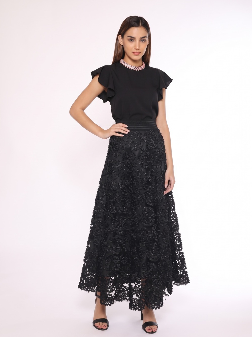 Gracia Black 3D Floral Maxi Skirt Formal Guest Dark Dimensional, Size Large